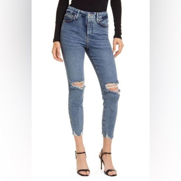 Good American Good Waist Chew Hem Cropped Jeans Zip Stretch Blue799​ - Picture 1 of 10